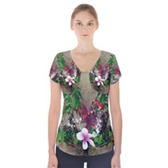 Wonderful Tropical Design With Palm And Flamingo Short Sleeve Front Detail Top