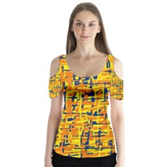 Yellow, Orange And Blue Pattern Butterfly Sleeve Cutout Tee 