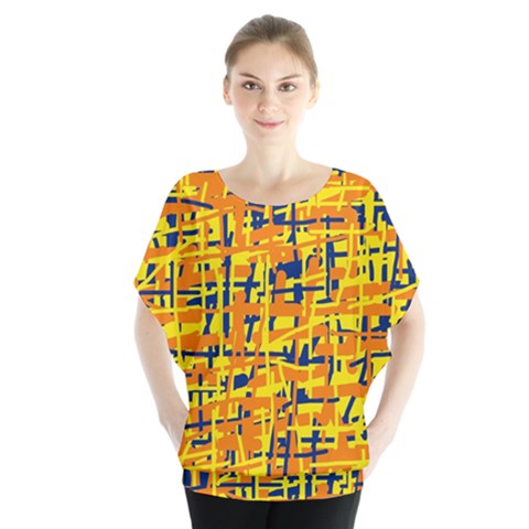 Yellow, Orange And Blue Pattern Batwing Chiffon Blouse by Valentinaart