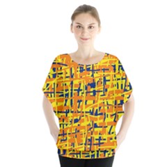 Yellow, Orange And Blue Pattern Batwing Chiffon Blouse