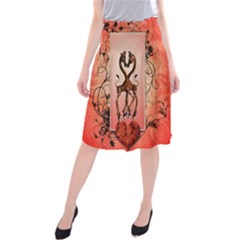 Cute Giraffe In Love With Heart And Floral Elements Midi Beach Skirt