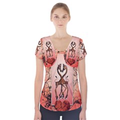 Cute Giraffe In Love With Heart And Floral Elements Short Sleeve Front Detail Top