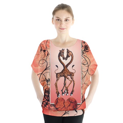 Cute Giraffe In Love With Heart And Floral Elements Batwing Chiffon Blouse by FantasyWorld7