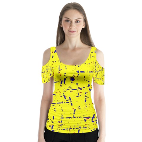 Yellow Summer Pattern Butterfly Sleeve Cutout Tee  by Valentinaart