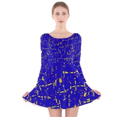 Blue Pattern Long Sleeve Velvet Skater Dress