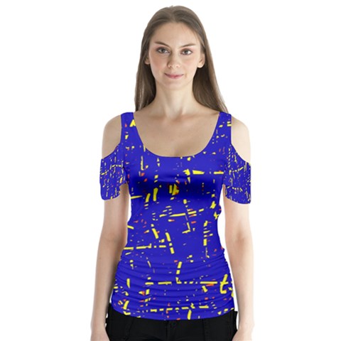 Blue Pattern Butterfly Sleeve Cutout Tee  by Valentinaart