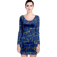 Deep Blue And Yellow Pattern Long Sleeve Bodycon Dress