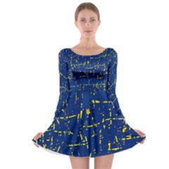 Deep Blue And Yellow Pattern Long Sleeve Skater Dress