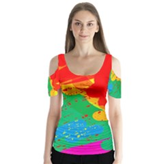 Colorful Abstract Design Butterfly Sleeve Cutout Tee 