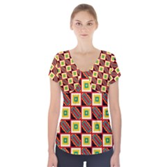 Squares And Rectangles Pattern                           Short Sleeve Front Detail Top by LalyLauraFLM