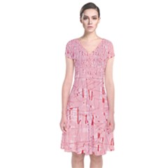 Elegant Pink Pattern Short Sleeve Front Wrap Dress