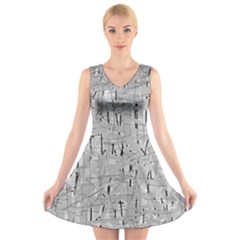 Gray Pattern V-neck Sleeveless Skater Dress