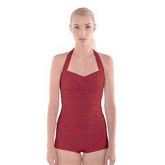 Red Pattern Boyleg Halter Swimsuit 