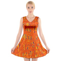 Orange Pattern V-neck Sleeveless Skater Dress