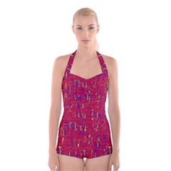 Red And Blue Pattern Boyleg Halter Swimsuit 