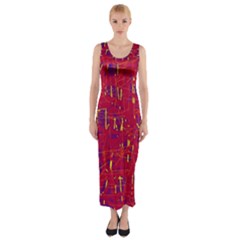 Red And Blue Pattern Fitted Maxi Dress