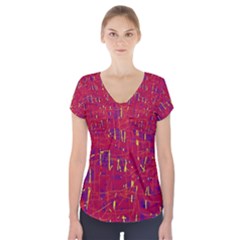 Red And Blue Pattern Short Sleeve Front Detail Top