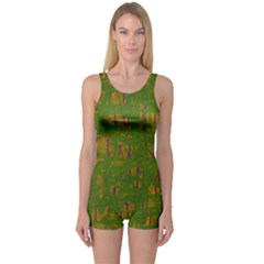 Green Pattern One Piece Boyleg Swimsuit