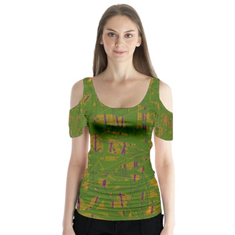 Green Pattern Butterfly Sleeve Cutout Tee  by Valentinaart