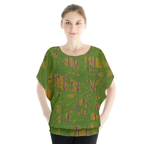 Green Pattern Batwing Chiffon Blouse by Valentinaart