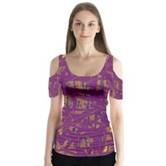 Purple Pattern Butterfly Sleeve Cutout Tee 