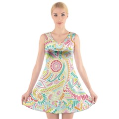 Hippie Flowers Pattern, Pink Blue Green, Zz0101 V-neck Sleeveless Skater Dress by Zandiepants