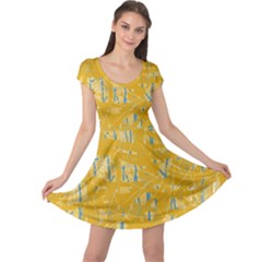 Yellow Pattern Cap Sleeve Dresses