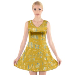 Yellow Pattern V-neck Sleeveless Skater Dress