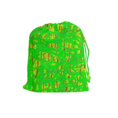 Neon Green Pattern Drawstring Pouches (large)  by Valentinaart