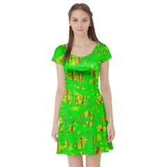 Neon Green Pattern Short Sleeve Skater Dress