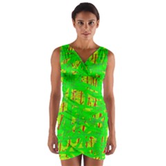 Neon Green Pattern Wrap Front Bodycon Dress