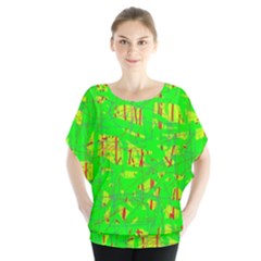 Neon Green Pattern Batwing Chiffon Blouse