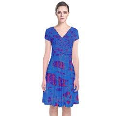 Deep Blue Pattern Short Sleeve Front Wrap Dress by Valentinaart