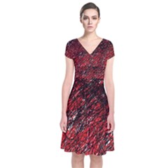 Red And Black Pattern Short Sleeve Front Wrap Dress