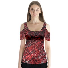 Red And Black Pattern Butterfly Sleeve Cutout Tee 