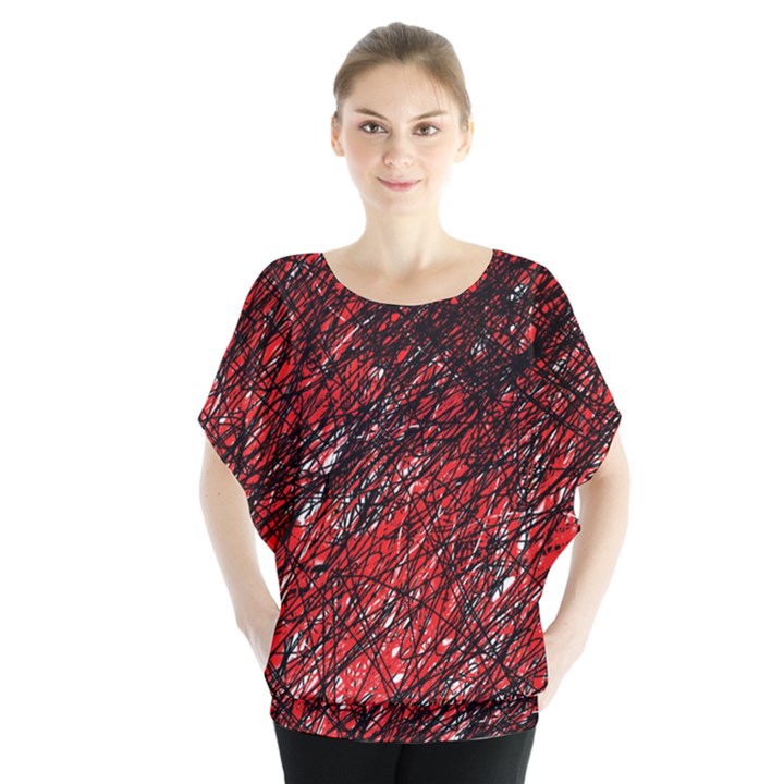 Red and black pattern Batwing Chiffon Blouse