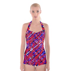 Red And Blue Pattern Boyleg Halter Swimsuit  by Valentinaart