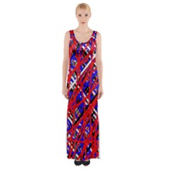 Red And Blue Pattern Maxi Thigh Split Dress