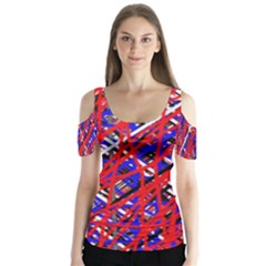 Red And Blue Pattern Butterfly Sleeve Cutout Tee 