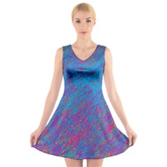 Blue Pattern V-neck Sleeveless Skater Dress