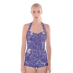 Purple Hippie Flowers Pattern, Zz0102, Boyleg Halter Swimsuit  by Zandiepants