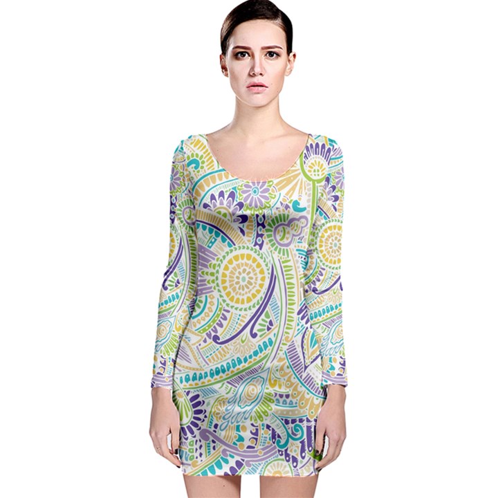 Hippie Flower Pattern Purple Yellow Green Zz0104 Long Sleeve Bodycon Dress