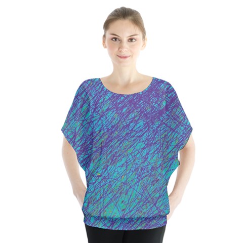 Blue Pattern Batwing Chiffon Blouse by Valentinaart