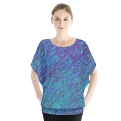 Blue Pattern Batwing Chiffon Blouse