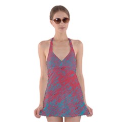 Red And Blue Pattern Halter Swimsuit Dress