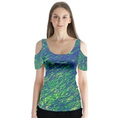 Green Pattern Butterfly Sleeve Cutout Tee 