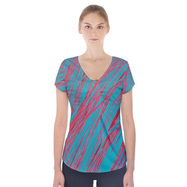 Red and blue pattern Short Sleeve Front Detail Top