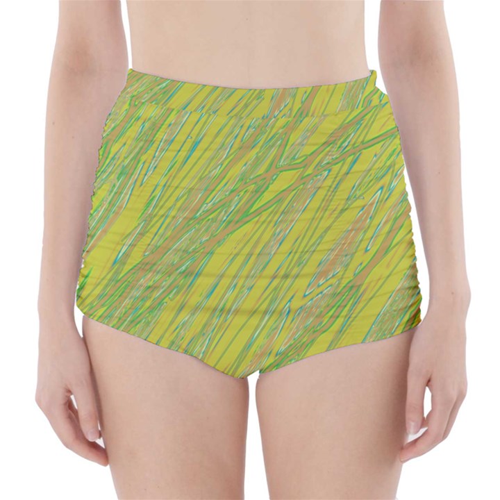 Green and yellow Van Gogh pattern High-Waisted Bikini Bottoms