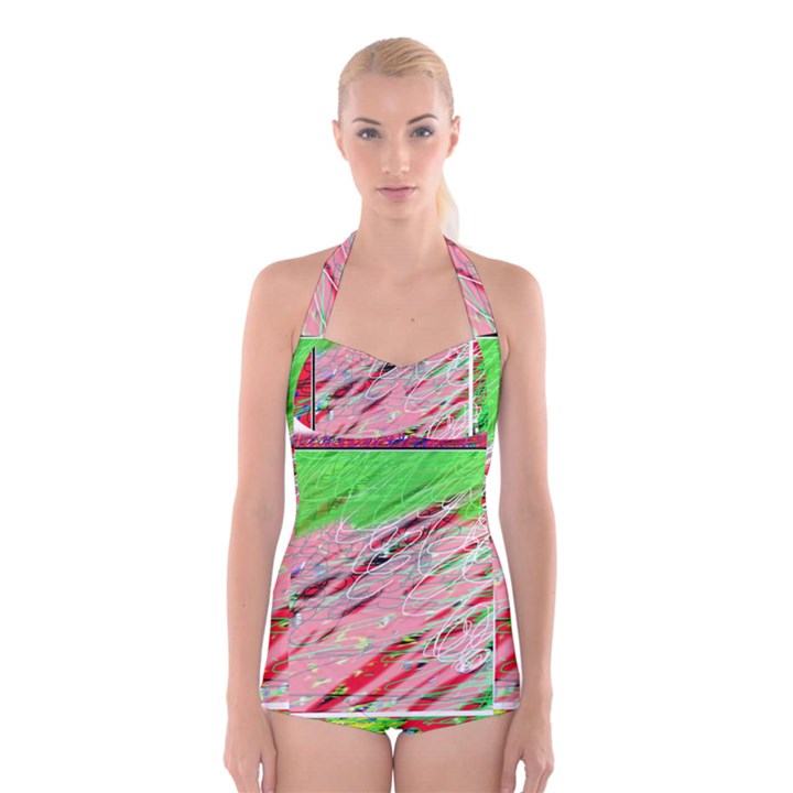 Colorful pattern Boyleg Halter Swimsuit 