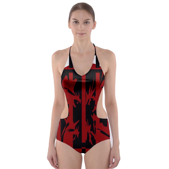 Red, black and white decorative abstraction Cut-Out One Piece Swimsuit